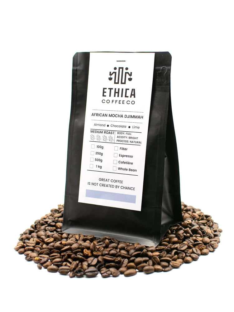 African Mocha Djimmah coffee bag, specialty beans, single origin Ethiopian coffee